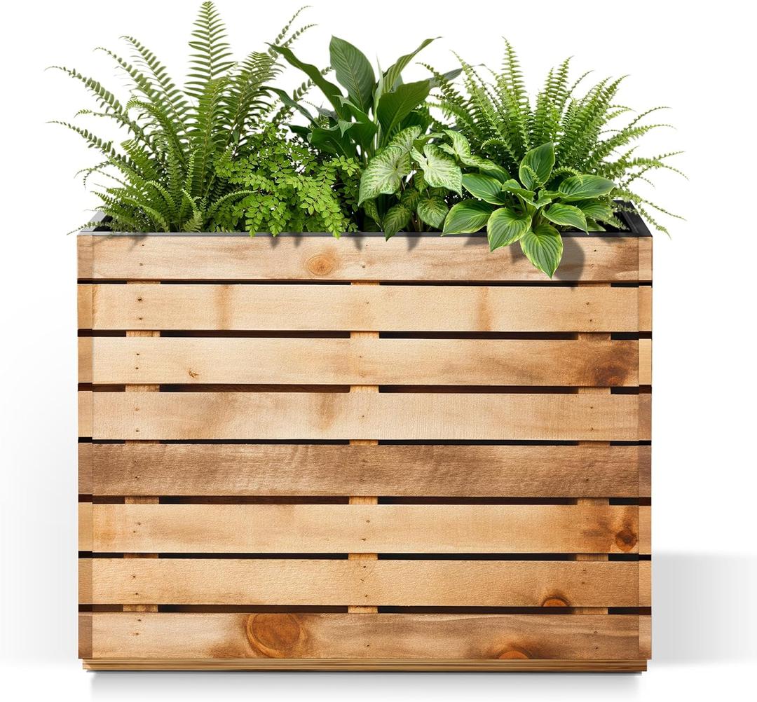 Metal Rectangular Planter Box, Tall & Large Rectangle Planter with Removable Insert Shelf, 30" L x 12" W x 24" H Heavy Duty Planter Box with Drainage Holes for Outdoor Plants (Walnut Wood Grain)