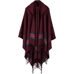 Bakerdani Poncho Capes with Hood Pashmina Cardigans Blanket Shawls with Tassels (One size:130*150cm, Wine Red)