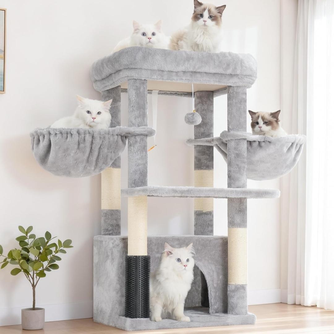 Hey-brother Cat Tree Tower with Extra Large Platform, Spacious Condo, 2 Cozy Hammocks, Self-Grooming Brush, Sisal Scratching Posts for Big Indoor Adult, Maine Coon, 35.4 Inches, Light Gray MPJ060W