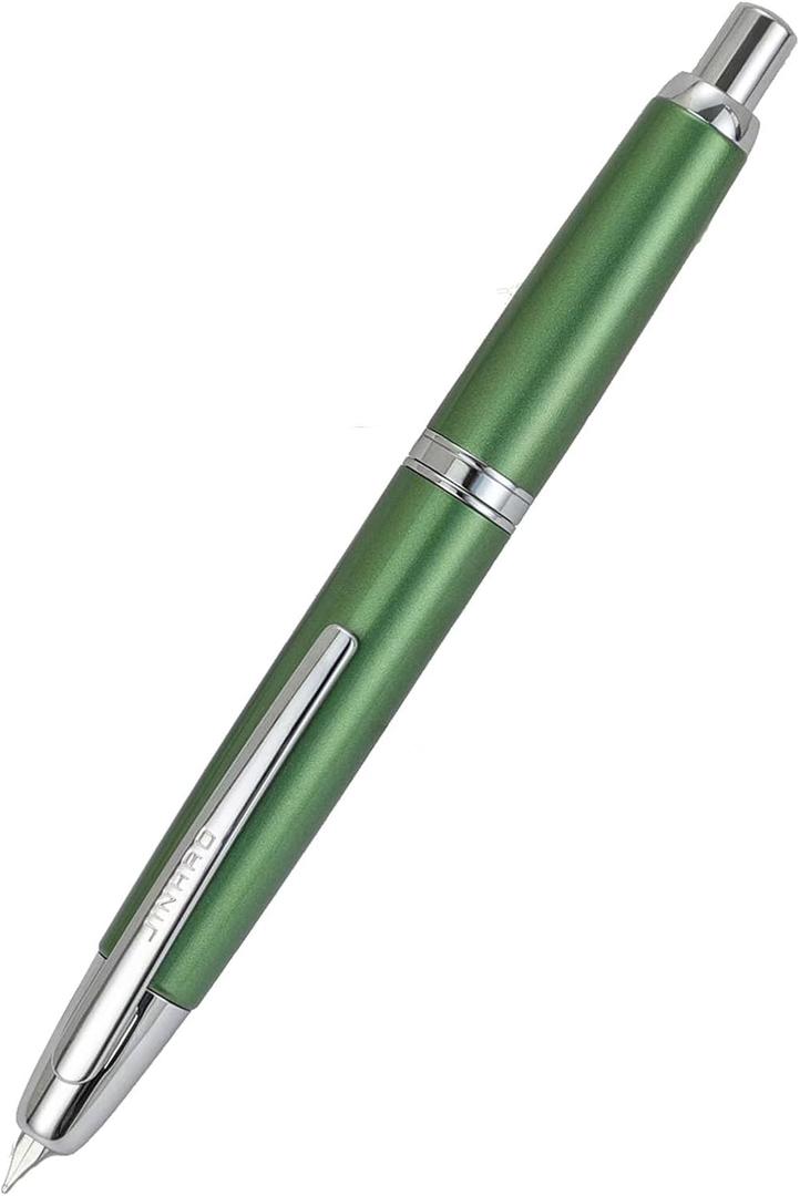 JH10 Press Fountain Pen Fine Nib with Velvet bag, Retractable Blue Metal Ink Pen with Converter Writing (Sea Pine Green-F nib)