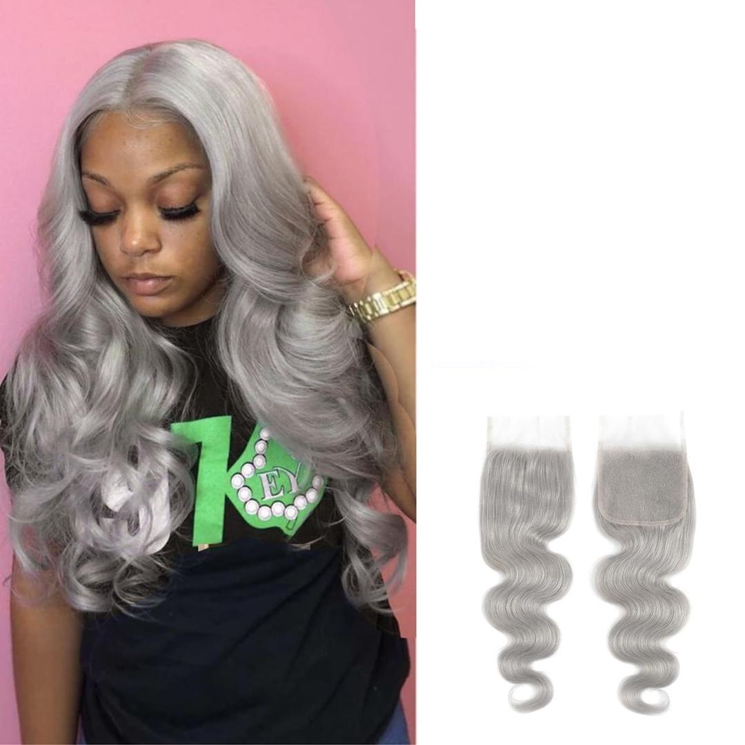 Brazilian Body Wave Human Hair Bundles with Closure (10 12 14+8Closure) Grey Human Hair 1 Bundles with Free Part Closure 100% Remy Human Hair Bundles with 4x4 Closure