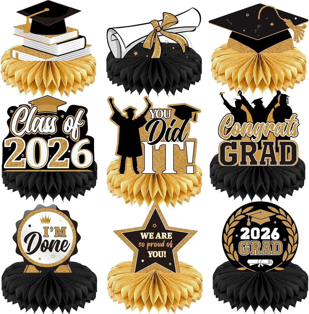 2 x Yisong 9 Pieces 2026 Graduation Party Table Decorations Class of 2026 Congrats Graduation Centerpieces for Tables Congratulate Honeycomb Centerpiece Topper for Grad Party Supplies(Black Gold)