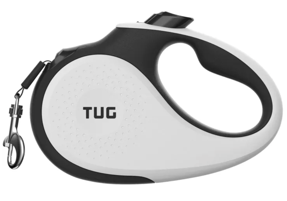 TUG 360° Tangle-Free Retractable Dog Leash | 16 ft Strong Nylon Tape | One-Handed Brake, Pause, Lock, White