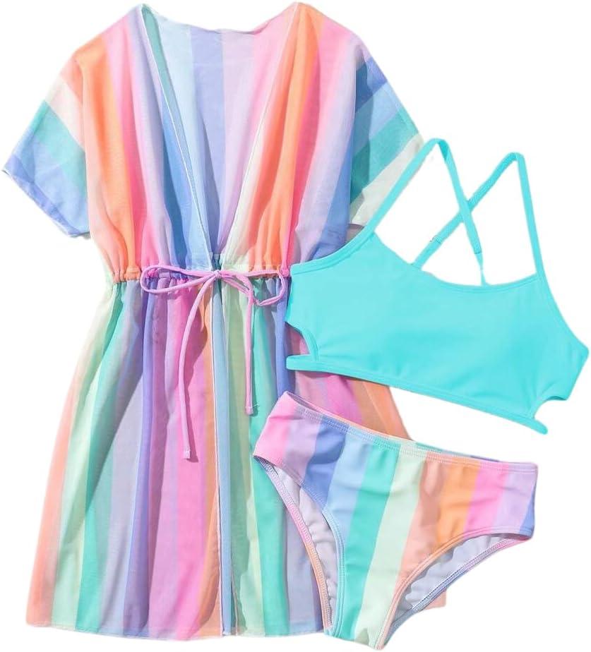 Girls Bikini Set 3 Piece - Striped Multicolored Swimsuit with Quick Dry Cover Up - Bathing Suit for Kids 6-14 Years