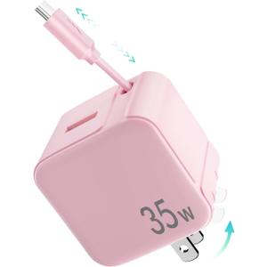 Retractable Wall Charger,35W PD Fast USB Charger Block with Retractable Type-C Cable,Portable Adapter with Foldable Plug for iPhone 16/15,Galaxy,Pixel,and Multiple Devices(Pink)
