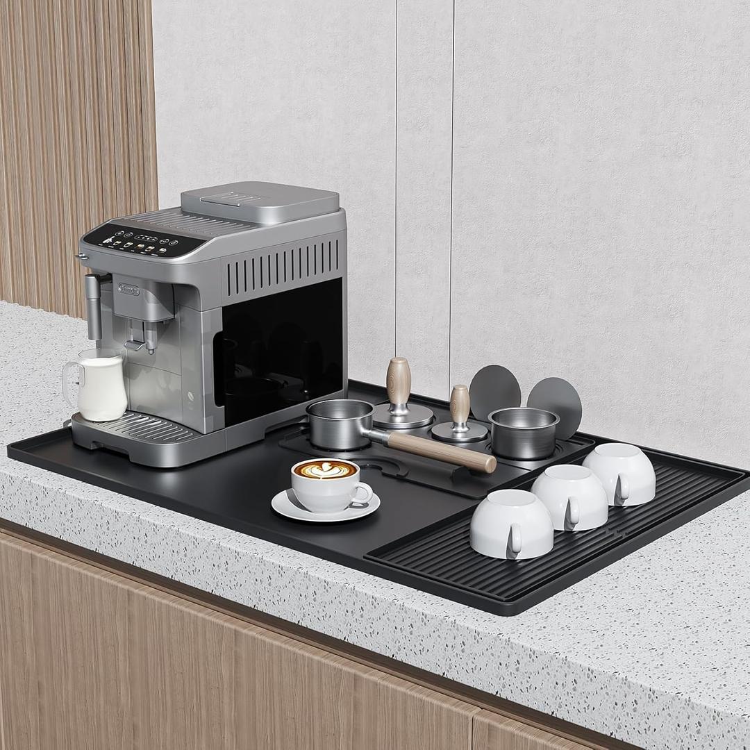 Silicone Coffee Mat 24"x16" Removable - Dish Drying Mat for Coffee Makers, Kitchen Sink & Kitchen Countertops | Non-Slip Heat-Resistant Coffee Bar Accessories Black