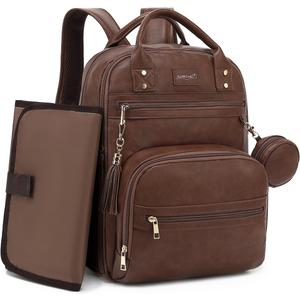Premium Vegan Leather Diaper Bag Backpack with Waterproof Changing Pad, Reinforced Zippers & Odor-Free,20 Pockets Pro Organizer, Fits 15.6" Laptop, Stroller Straps, Baby Bag for Mom,Dark Brown