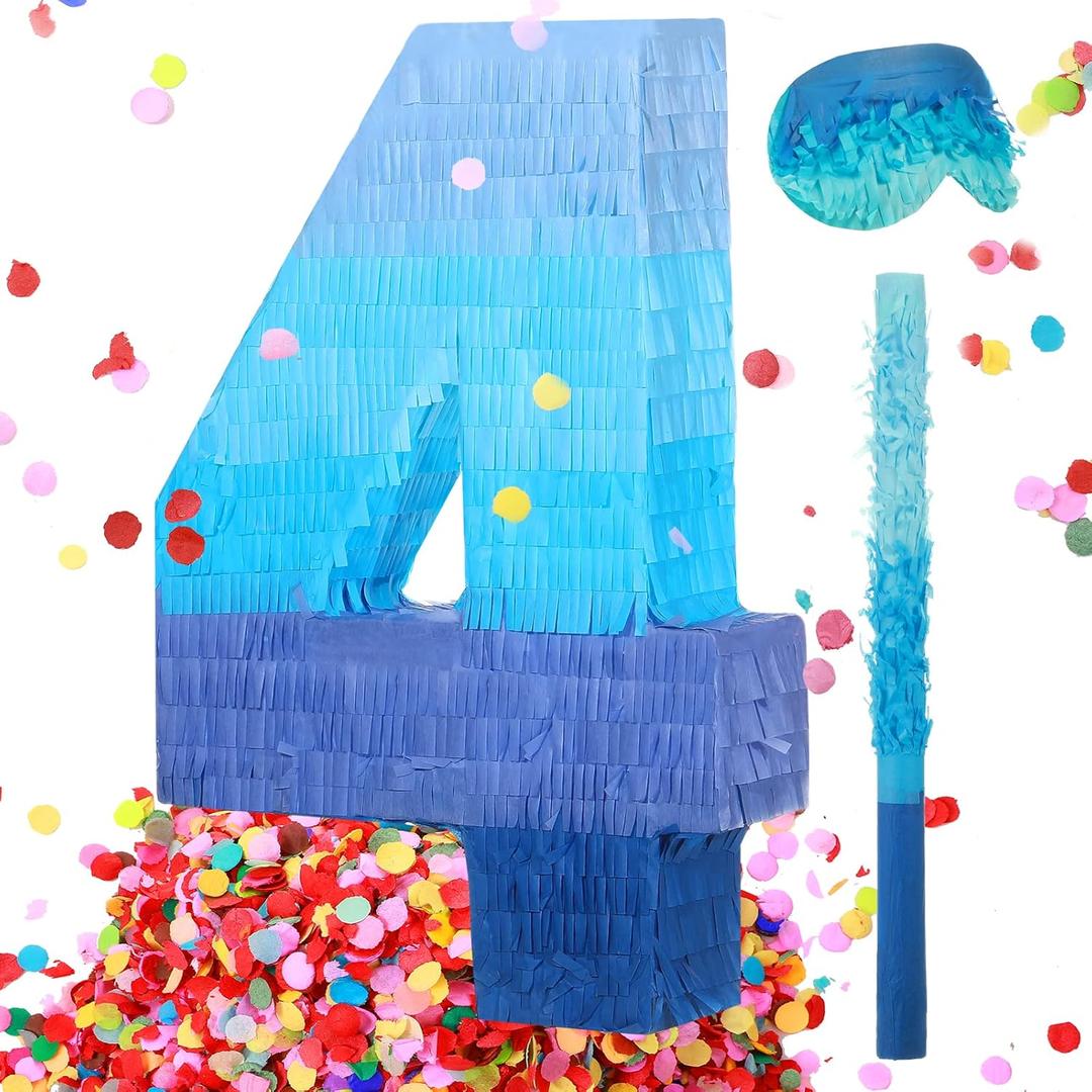 Sratte Number 1 2 3 4 5 6 7 8 9 Piata with Stick Blindfold Confetti, Gradient Blue Piata for Kids Boys Girls Birthday Party Anniversary Decorations Supplies(Number 4)