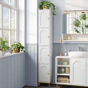 Hzuaneri 4-Tier Narrow Tall Storage Cabinet | Slim Bathroom Storage Cabinet with 4 Adjustable Feet and Shelves, for Living Room, Laundry Room, White, 11"D x 11"W x 70.9"H