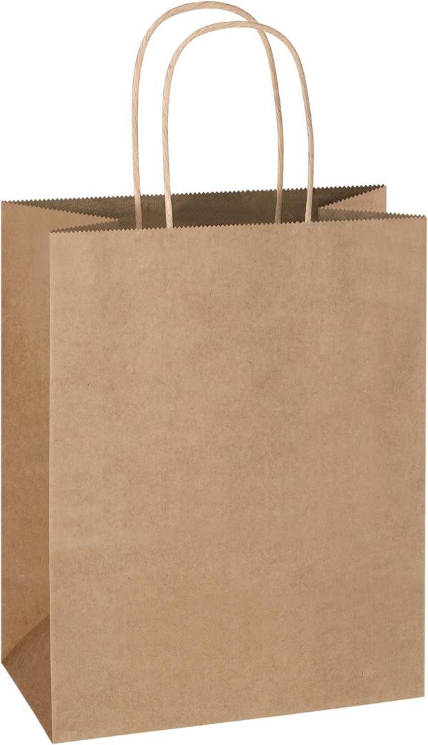 Mlyta 200 Pack 8x4.75x10 Inch Plain Medium Brown Kraft Paper Gift Bags with Handles Bulk for Goodie, Party Favor Brithday Grocery Shopping, Small Business Wedding Retail Craft Treat, Merchandise Sacks, 1 Count