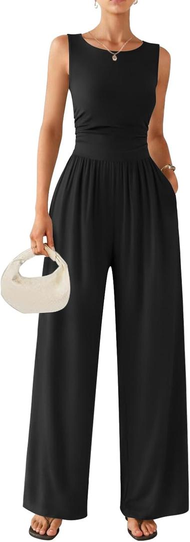 Ekouaer Jumpsuits for Women One Piece Jumpsuit Wide Leg Sleeveless Crewneck Casual Womens Romper Jumpers With Pockets 2026 Small