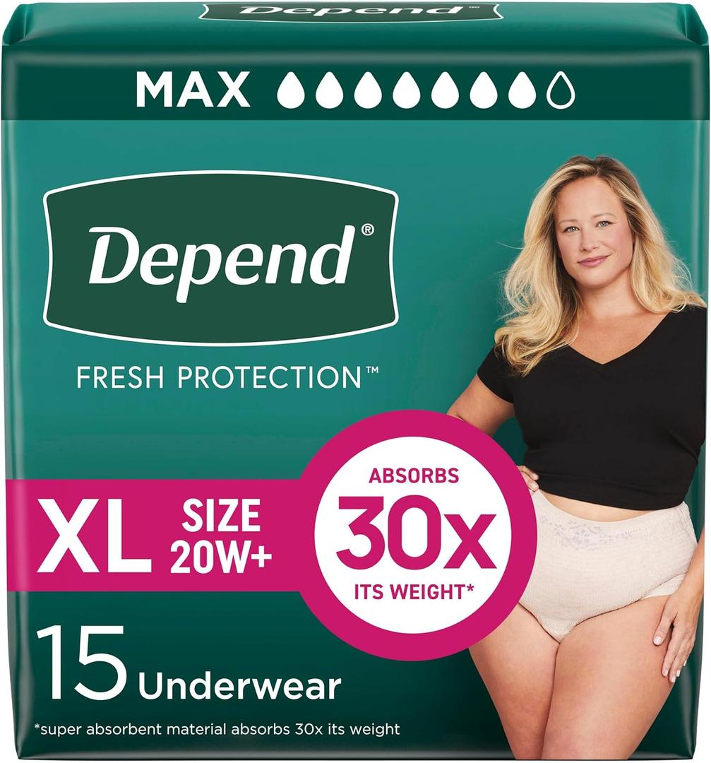 Depend Fresh Protection Adult Diapers, Incontinence & Postpartum Bladder Leak Underwear for Women, Disposable, Maximum, Extra-Large, Blush, 15 Count