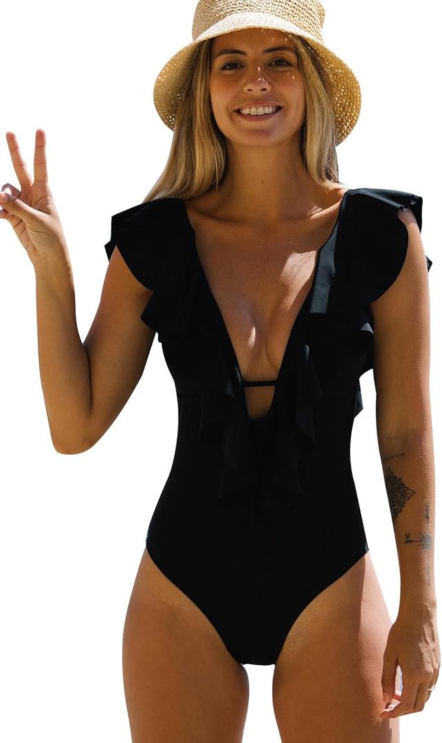 SPORLIKE Women One Piece Swimsuit V-Neck Ruffle Bathing Suit Padded Monokini, Solid Black, Large