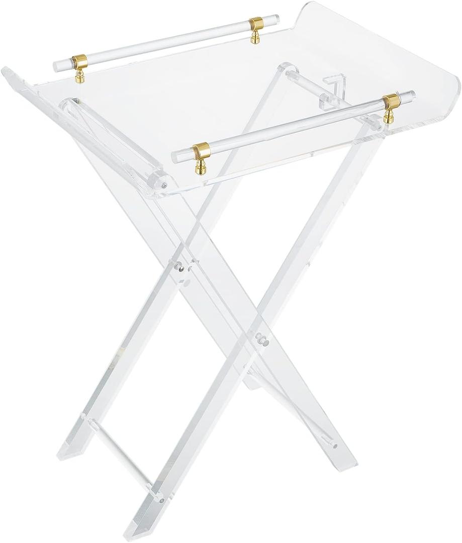 Clear Acrylic Folding Side Table with Handle Small Lucite End Table for Living Room, Bedroom, Coffee, Snacks, Modern X Leg, 19x13x23 High inches, 1-Tier-B