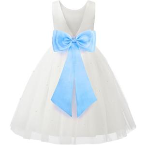 JerrisApparel Flower Girls Dress Wedding Satin Dresses Princess Birthday Party Prom Ball Gown (3-4T, White+blue)