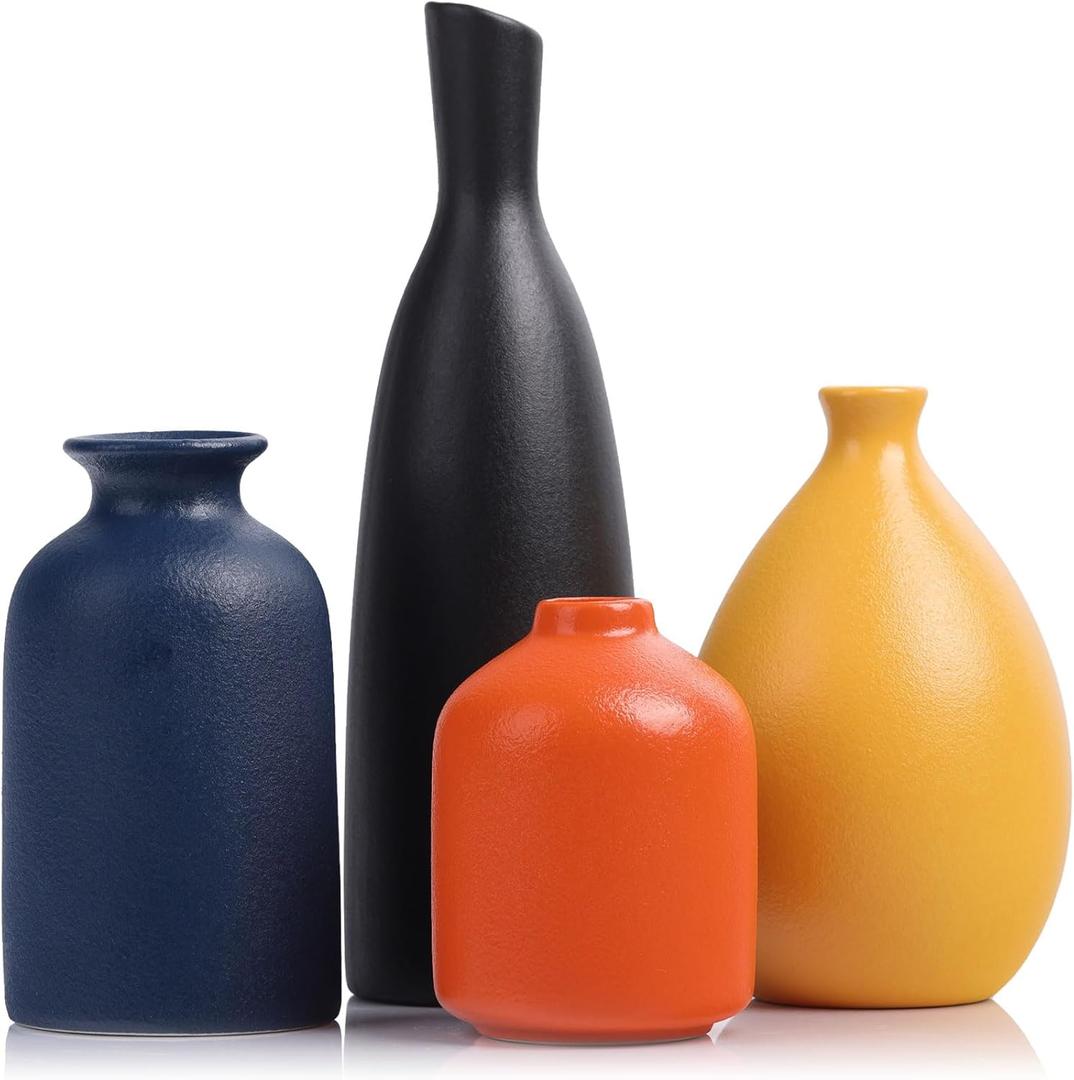 Colorful Ceramic Bud Vases Set of 4 - Modern Yellow, Orange, Blue Small Vases for Home Decor - Ideal for Living Room, Kitchen, Office, Bathroom, Mantle, Entrance, Farmhouse & Coffee Table Decorations (Multicolor Suit-b)