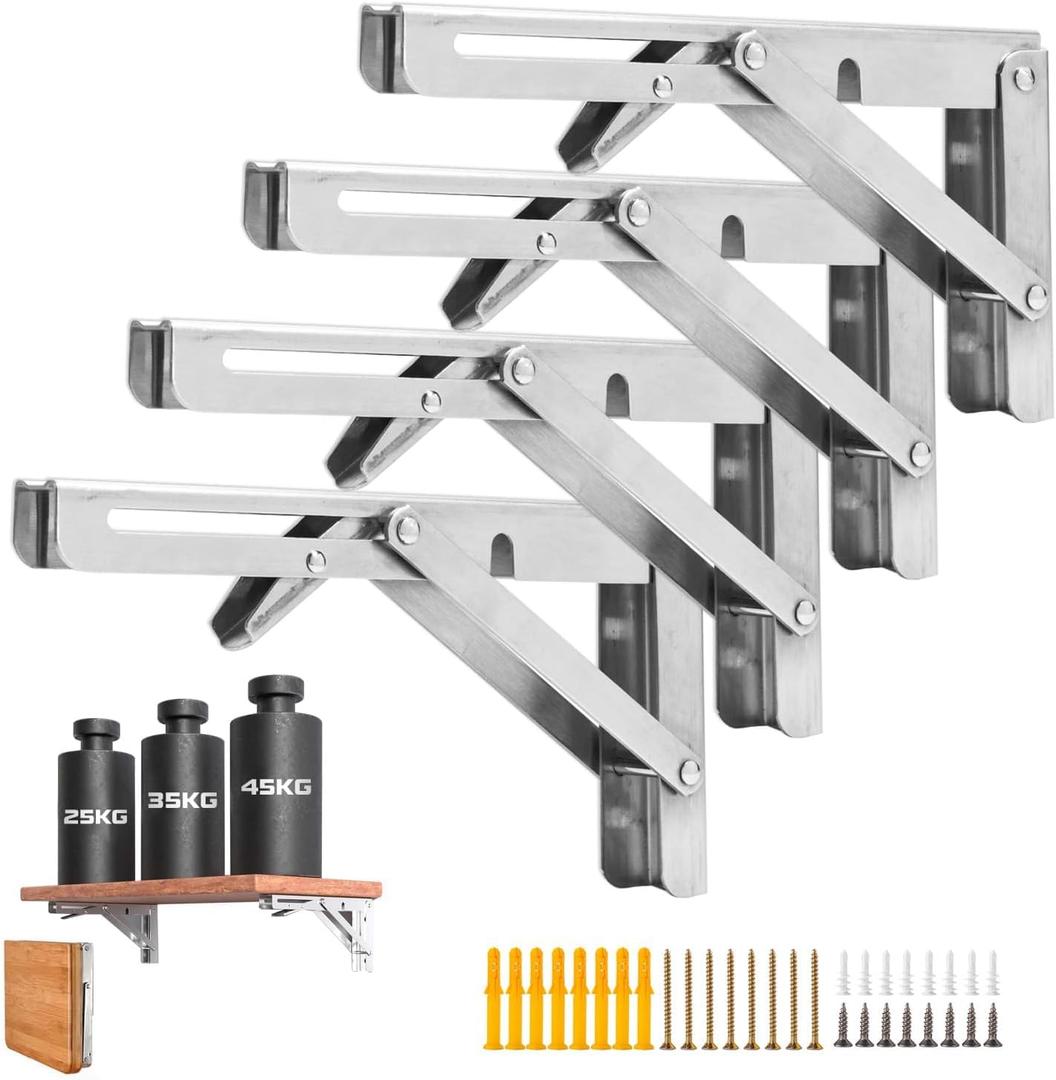 4 Pcs Folding Shelf Brackets, 20 Inch Shelf Brackets Heavy Duty Collapsible Triangle Stainless Steel L Brackets