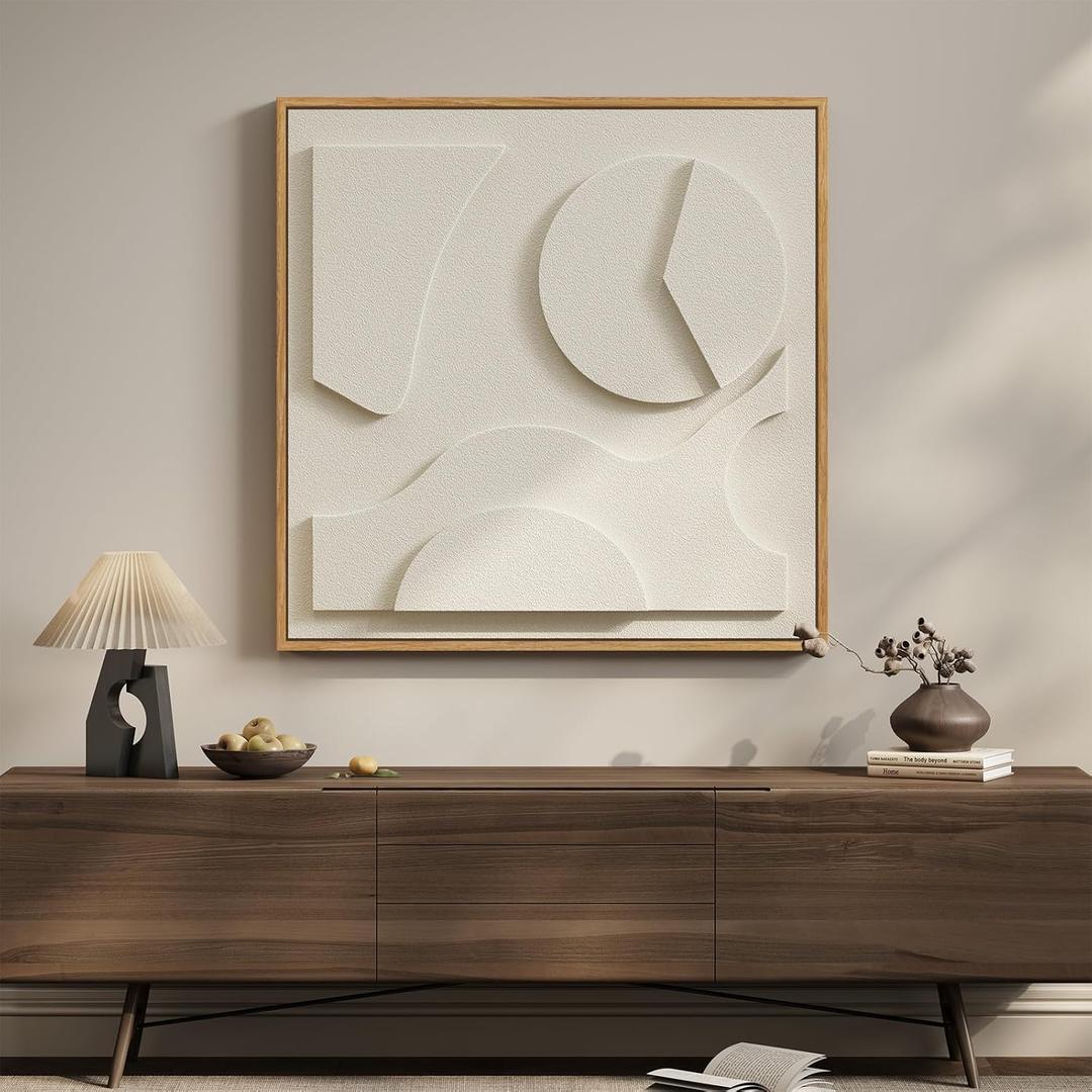 Large 3D Textured Framed White Abstract Wall Art, Square Modern Paintings Artwork for Walls, Minimalist White Geometric Block Pictures for Living Room Bedroom Dining Room Office Hallway Wall Decor 30x30 In