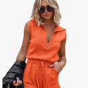Yousify Women's Casual Sleeveless Short Rompers Summer Half Zip Lapel Collar Drawstring Knit One Piece Jumpsuit with Pockets Orange, Size L