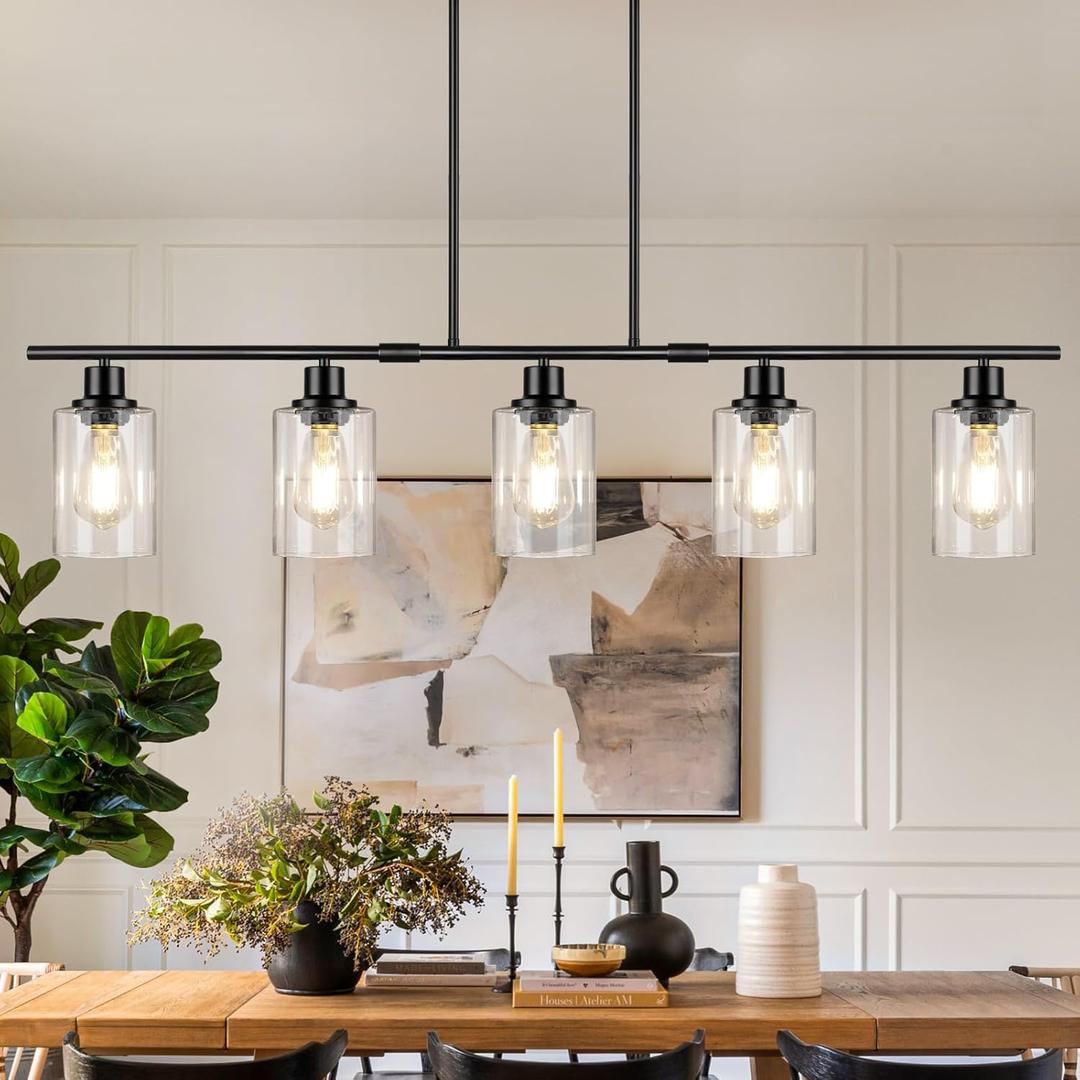 Dining Room Light Fixture Over Table, 5-Light Kitchen Island Lighting Hanging, Farmhouse Linear Chandelier for Dining Room, Matte Black Pendant Light Fixtures with Clear Glass Shade for Kitchen Island