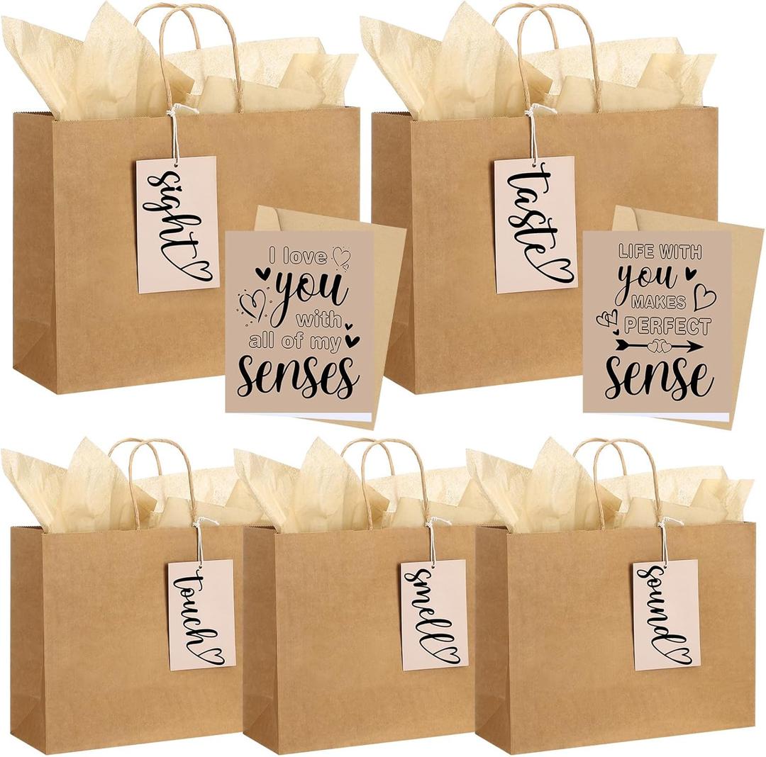 Kolldenn 5 Senses Gift Bags with Tags Kraft Paper Bag for Husband Wife Sight Smell Touch Taste Sound Five Sense Gift Bag Tissue Paper Greeting Card for Him Her Birthday(Brown,12.6 x 4.3 x 9.8 Inch)