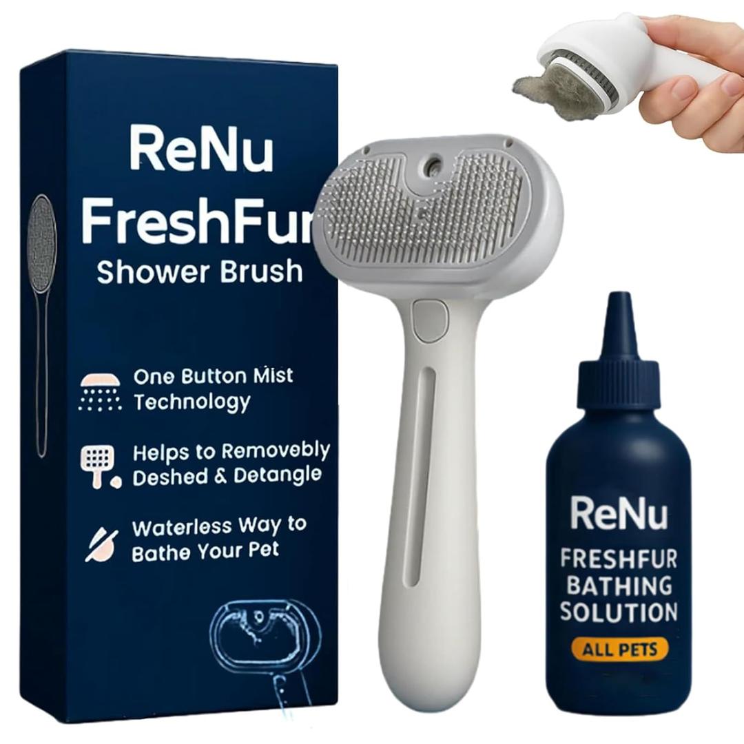 Renu Dog Brush, Renu FreshFur Dog Shower Brush + Bathing Solution, 3 in 1 Self Cleaning Steamy Pet Brushes, Dogs Grooming Tool for Long & Short Hair, Removes Loose Hair Reduces Shedding (White)