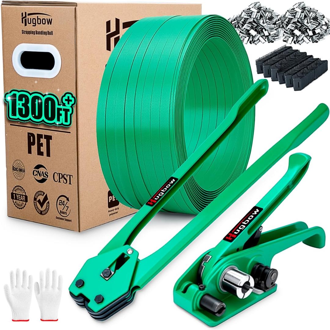 Banding Strapping Kit, Heavy Duty Pallet Packaging Kit with> 1500 lbs 5/8" x 1300' PET Strapping Roll, 300 Metal Seals, 100 Corner Protectors, Strapping Tensioner, Banding Sealer Tool