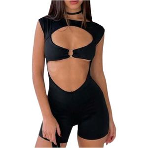 WDIRARA Women's Cut Out Sleeveless Bodycon Romper Boat Neck Unitard Shorts Jumpsuit (Black, L)