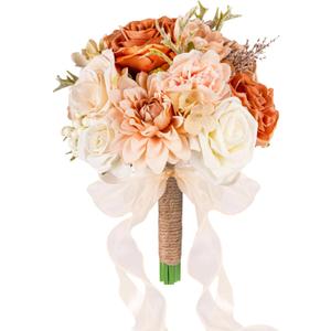Wedding Bouquets for Bride Bridesmaid,Terracotta Burnt Orange Bouquet Artificial Fake Silk Roses Flowers Bridal Bouquet for Wedding Fall Boho Rustic Church Decoration Toss Bouquet (8.6in(M))