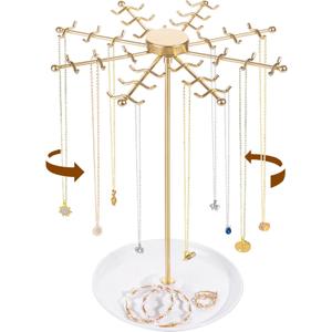 Rotating Necklace Holder Jewelry Stand, Gold Necklace Organizer Display with 48 W-shaped Hooks,Jewelry Organizer for Necklaces Earrings Rings Storage Tree, Presents for Women