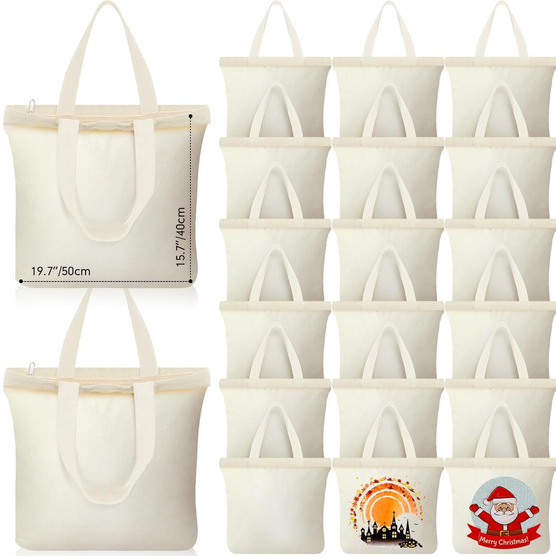 Silkfly 20 Pcs Extra Large Canvas Tote Bags Bulk 19.7x15.8'' Blank Cotton Canvas Bag with Zipper Handles Reusable Plain Grocery Makeup Handbag for DIY(Beige)