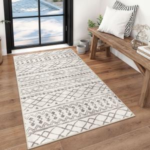 KUTA 3'x5' Beige Boho Area Rug for Living Room, Moroccan Washable Kitchen Rugs Non Slip, Ultra Soft Print Distressed Geometric Low-Pile Entry Throw Carpet for Bedroom Nursery Dorm Decor