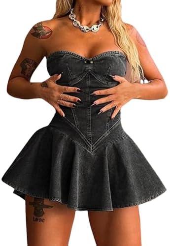 NRTHYE Women's Sexy Strapless Denim Dress Off Shoulder Corset Tube Summer Mini Jean Dresses, M