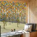 funlife Original Hand-Drawn Faux Stained Glass Window Film, Double-Sided Static Cling Window Clings, Boho Sunset Pearl Vine Window Hanging Cling Decorative Window Film, 62.99"x37.40"