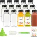 GUSTO [8 oz. - 15 Count Reusable Plastic Juice Bottles With Caps, Labels, Brush, and Silicone Funnel - Clear plastic Bottles with Caps, Juice Containers with lids, for All Beverages