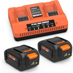 2Pack 20V 6.0 Ah Battery Replacement for Worx WA3525, WA3520, WA3575, WA3578,WA3669 and 20 Volt Dual Port Battery Charger Replacement WA3875