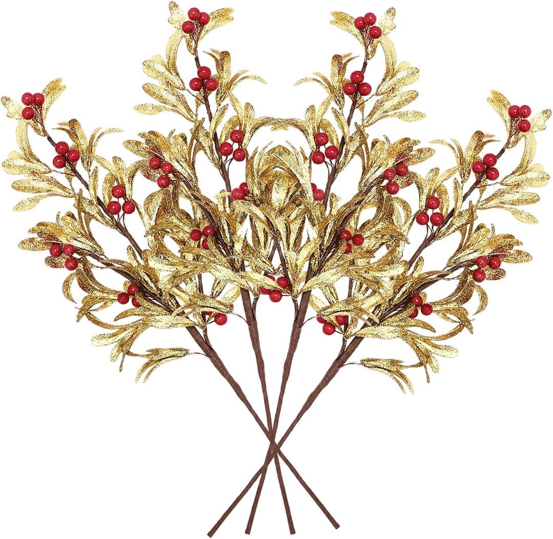 Janinka 4 Pcs Christmas Artificial Mistletoe Picks 23.6 Inch Xmas Fake Flowers with Red Berries Glittered Mistletoe Stem Branches Flowers for Xmas Tree Floral Arrangement Crafts Holiday Party Decor