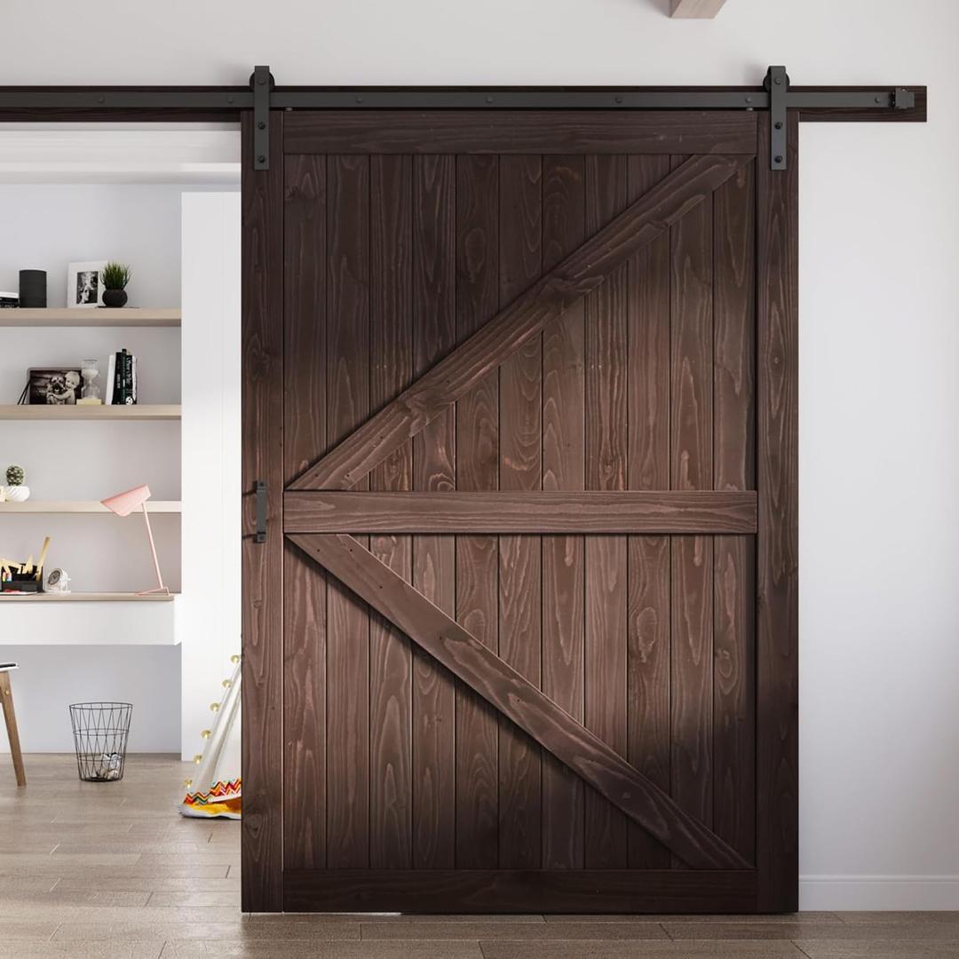 FREDBECK 60in x 84in Brown Barn Door with 10ft (120inch) Barn Door Hardware Track Kit Included, Double Surfaces,Simple Assembly is Required,K-Frame,Coffee