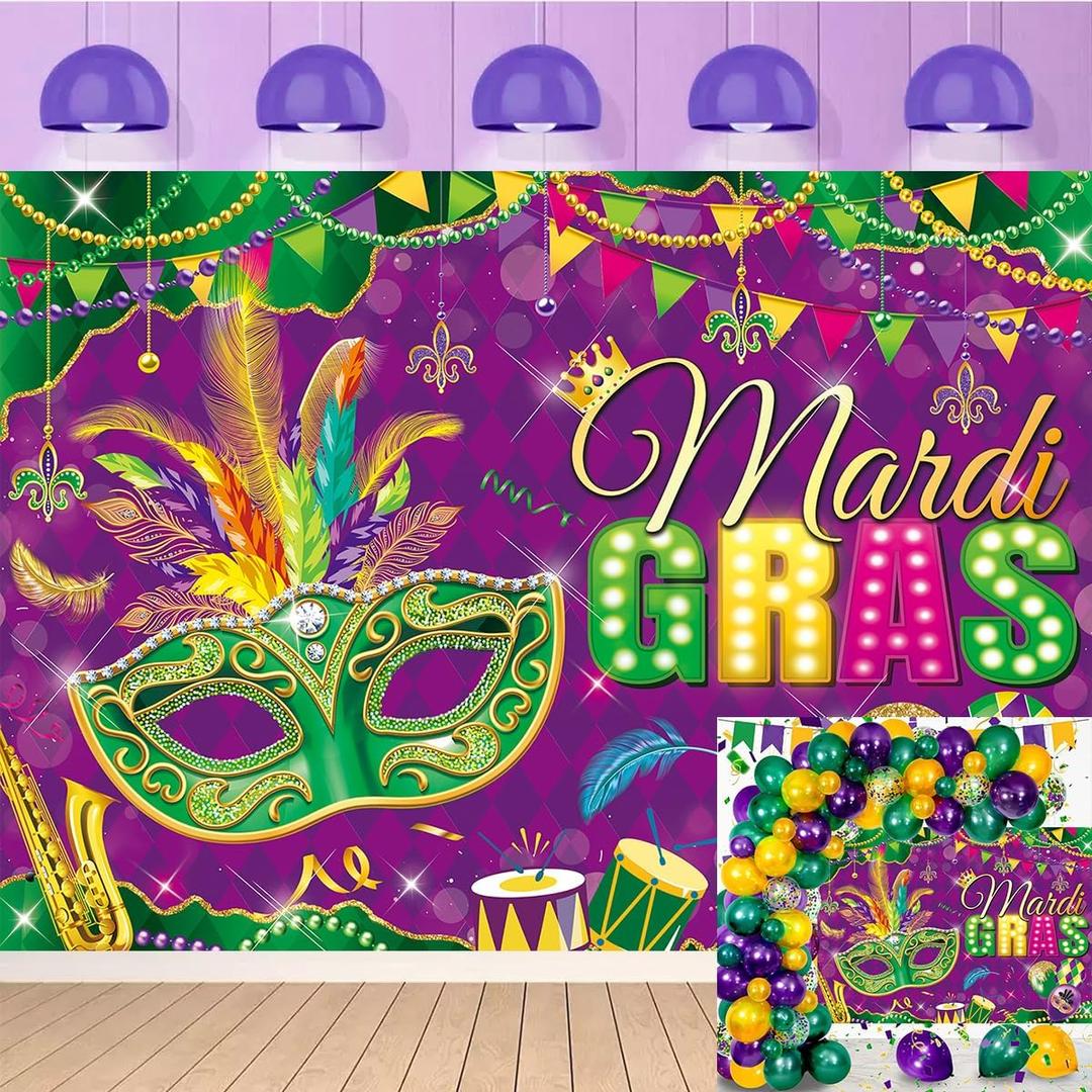 Mardi Gras Backdrop Masquerade Mask Glitter Photography Background Mardi Gras Masquerade Ball Party Decoration Supplies (8x6FT240x180cm)