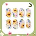 Sunflower Press on Nails - Short Oval Cute Fake Nails, Summer False Nails Press ons with Bee Ladybug Designs, Reusable Glue on Nails for Women Manicure, Matte Finish | 12 Sizes - 24Pcs