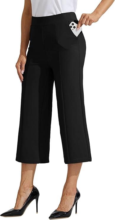 Willit Women's Capri Pants Dress Yoga Pants Wide Leg Business Casual Capris Work Slacks Stretch High Waisted 21" Black Plus Size 3XL