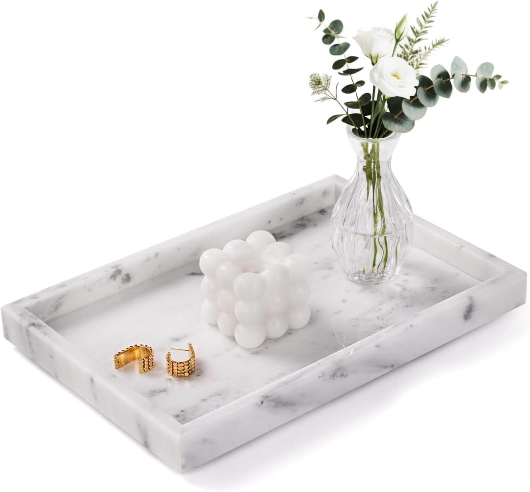 Marble Bathroom Tray for Countertop & Home Decor, Natural Decorative Marble Tray for Jewelry & Perfume Organizer, Luxury Stone Vanity Trays for Dresser, Kitchen Counter, 12" x 8", Starry White