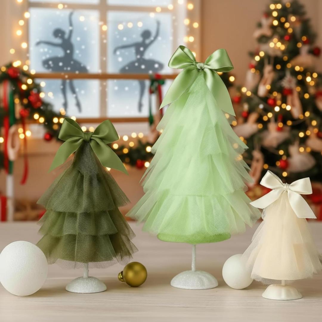 3 Pcs Neutral Christmas Tree Tabletop Decor, Mini Mesh Christmas Tree, Small Artificial Trees with Bow Topper, Rustic Xmas Decor Farmhouse Table Decoration for Home Decors Xmas Gift