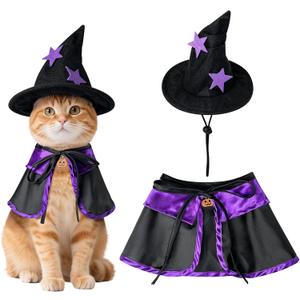 Halloween Cat Witch Costume  Adjustable Black & Purple Witch Cloak with Pumpkin Ornament and Wizard Hat  Perfect Halloween Outfit for Medium and Large Cats