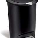simplehuman 50 Liter / 13 Gallon Semi-Round Kitchen Step Trash Can with Secure Slide Lock, Black Plastic