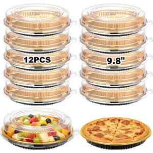12 Pcs 9.8" Disposable Pie Containers with Clear Lids, Sturdy Plastic Round Pie Keeper, Dessert Flan Pizza Fruit Salad Cake Carrier Box for Party Picnic Food Carry