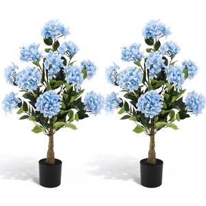 Lunmon 2 Pack 3ft Blue Artificial Hydrangea Tree Faux Hydrangea Tree UV Resistant Faux Silk Plant with Cement Base Pot Realistic Topiary Plant for Indoor Outdoor Garden Office Home Porch Patio Decor