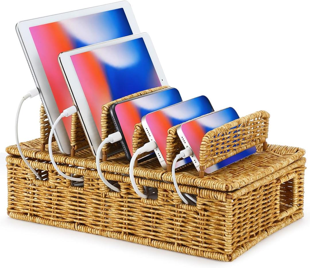 Cable Management Box Handwoven Imitation Rattan Cord Hider Box Charging Station Basket Desktop Cord Organizer with Removable Divider for Laptop Tablet 12.5lx5.9hx7.6w-inch(Rattan Color)