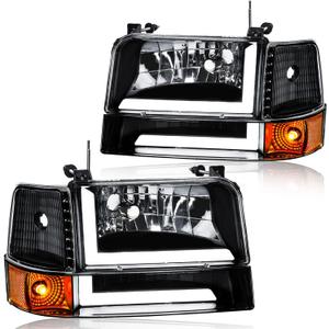 LED DRL Headlight Assembly, Headlights Kit Compatible with 1992-1996 Ford F150 F250 F350/1992-1996 Bronco Replacement Headlamp Black Housing Amber Reflector