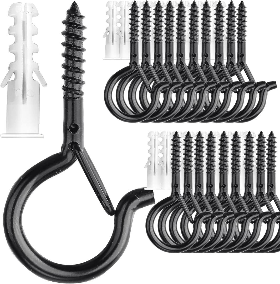 PlusRoc 20 Pack Screw Hooks for Hanging Plants Outdoor Lights, Heavy Duty 2.2 Inch Black Eye Hook Screw Cup Ceiling Hook Q-Hanger for String Lights, Wall Wood Ceiling Deck Mount